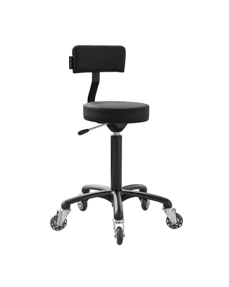 Rolio - black salon stool with backrest and roller wheels